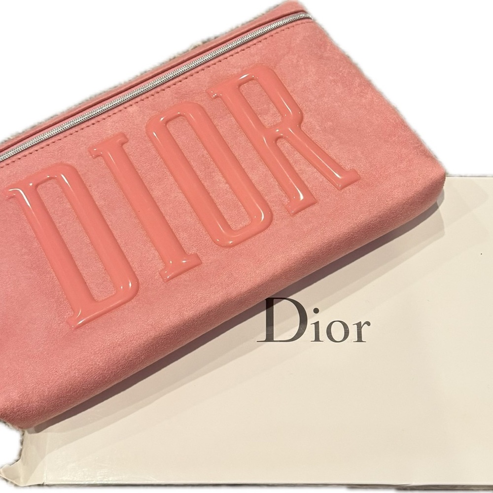 Dior Beauty Pink Suede Like Clutch Bag or Cosmetic Bag NIB with Dior Charm - Picture 3 of 3